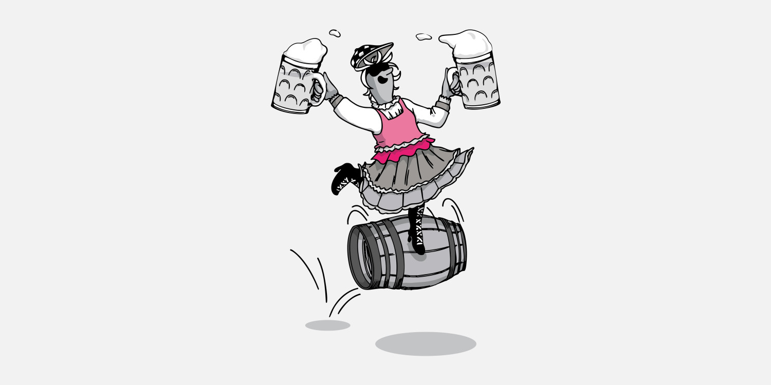 Lilli mit Biergläsern balanciert auf einem Bierfass